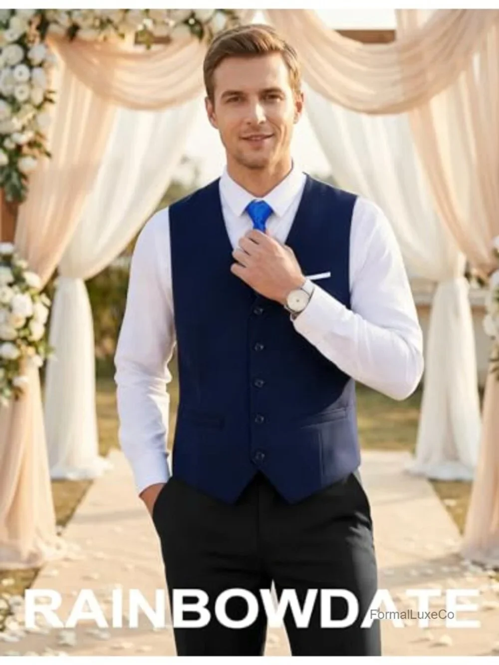 Men's Slim Fit Satin Back Suit Vest 3-Piece Set with Tie & Pocket Square,